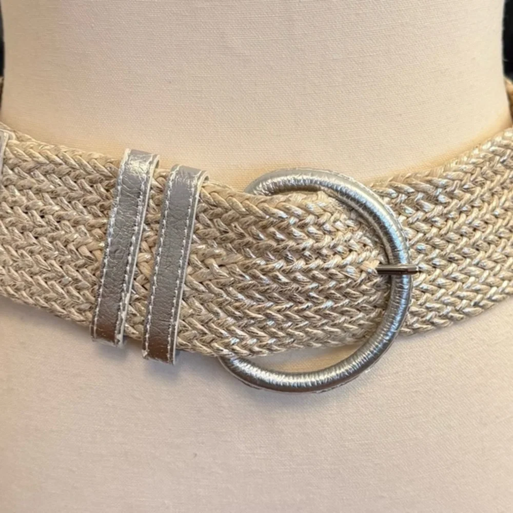 Boho Woven  Belt with Silver/cream Faux Leather Buckle
